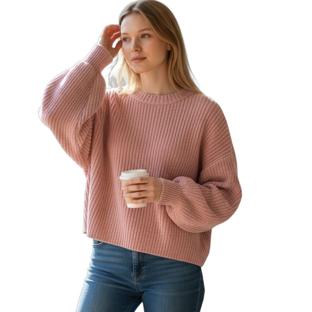 Shein One Size Pink Knit Sweater Ribbed‎ Chenille Pullover Cozy Relaxed Fit Top